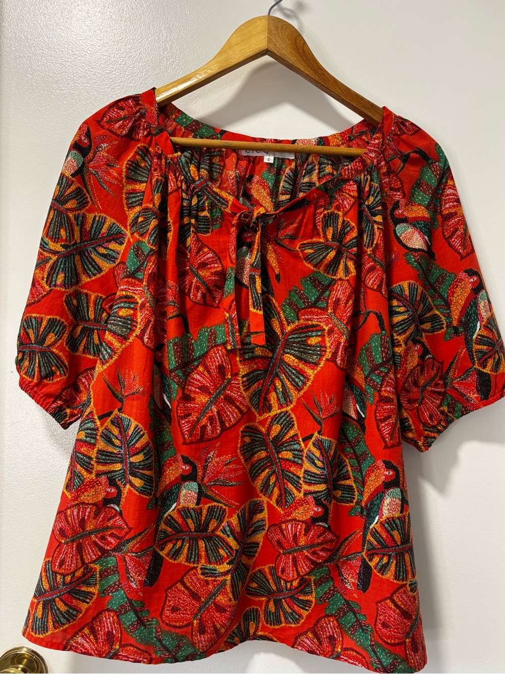 cleo Red Cotton Tropical Leaf Peasant Blouse